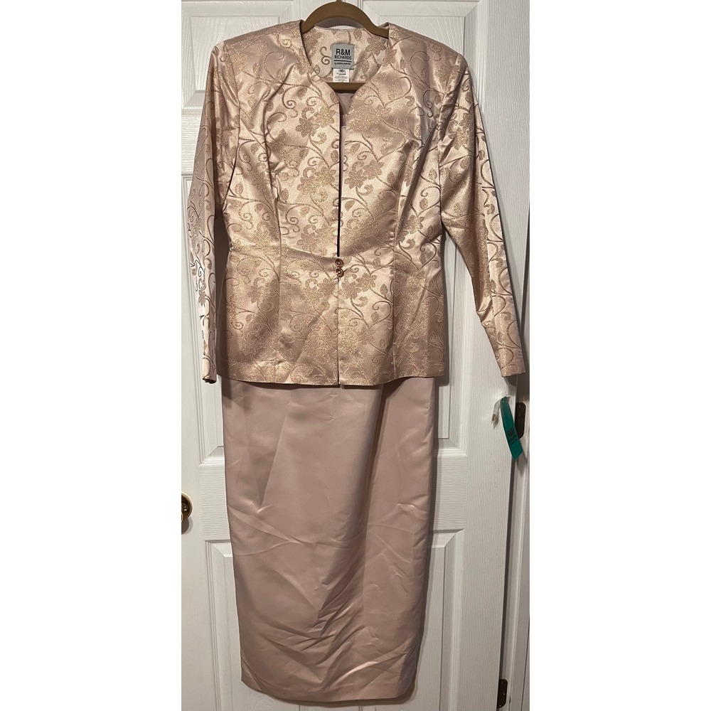 R&M‎ Richards Karen Kwong Peach Floral Brocade Jacket & Dress Set 10 NWT